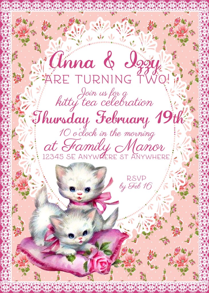 Vintage kitty twin birthday invite image for etsy