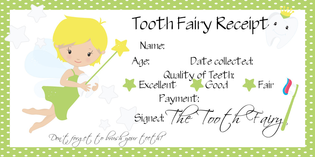 tooth fairy receipt blank green