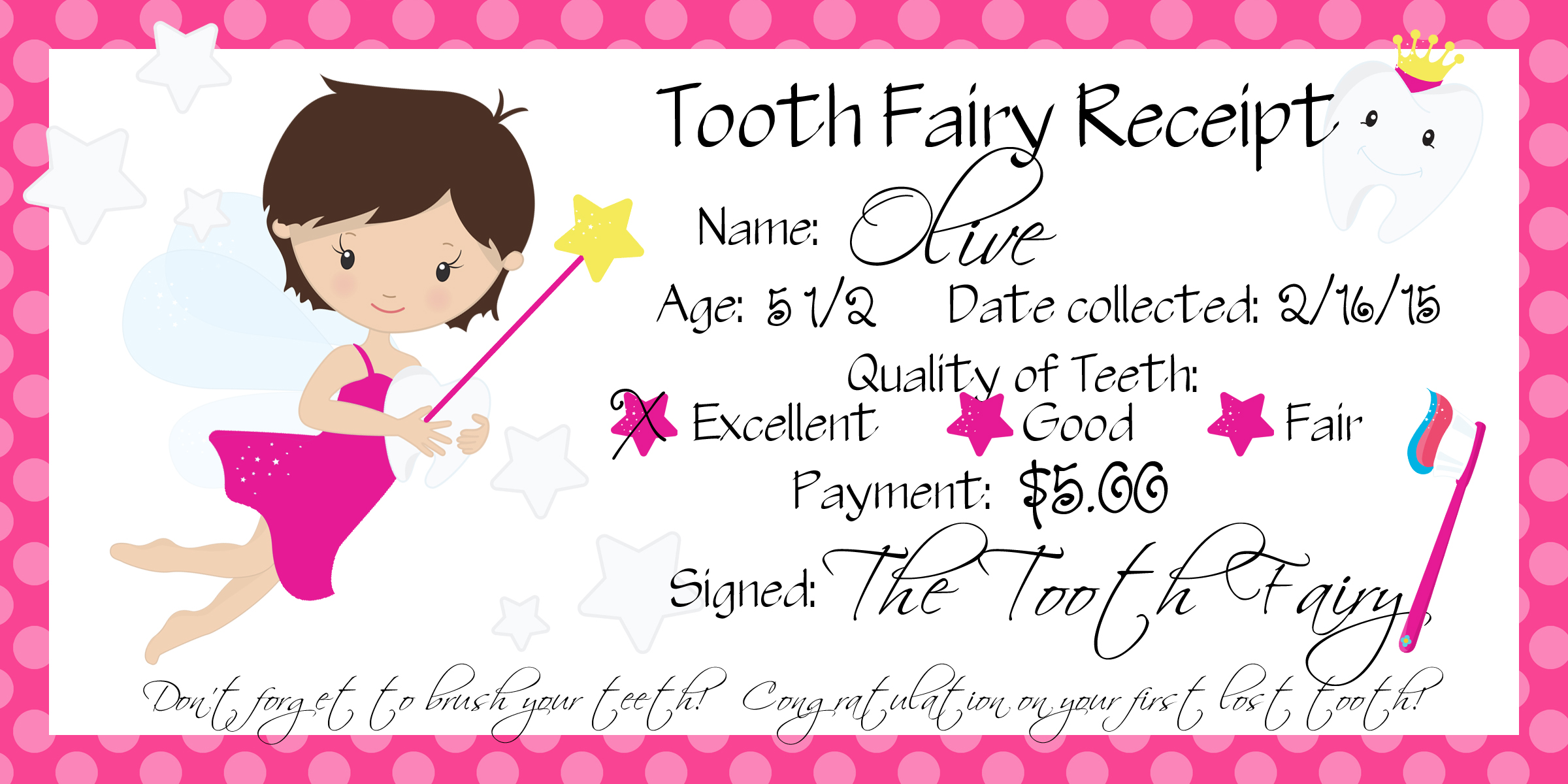 O's first lost tooth Tooth Fairy Receipt Free printable