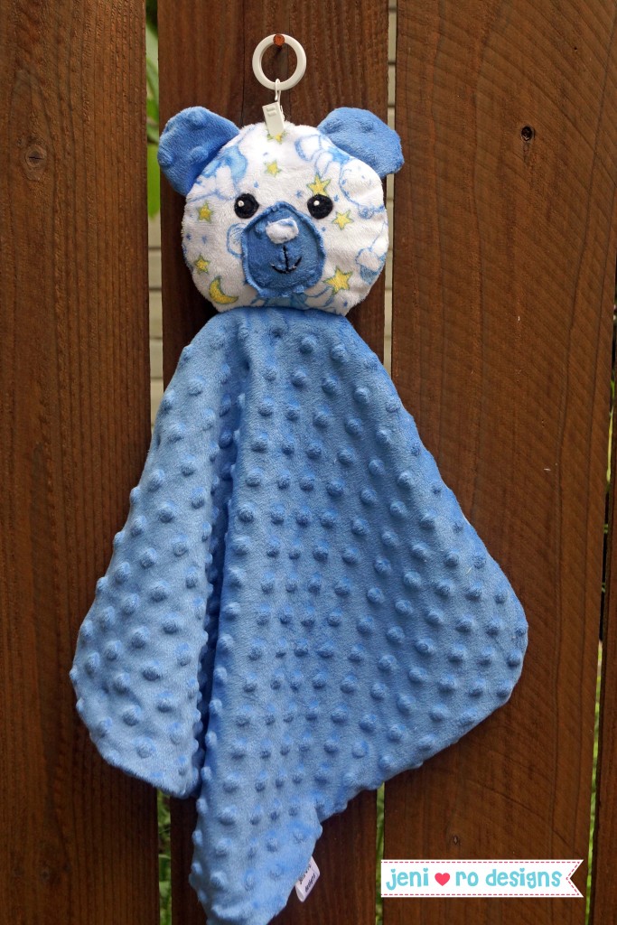 teddy bear lovey print head blue blanket front