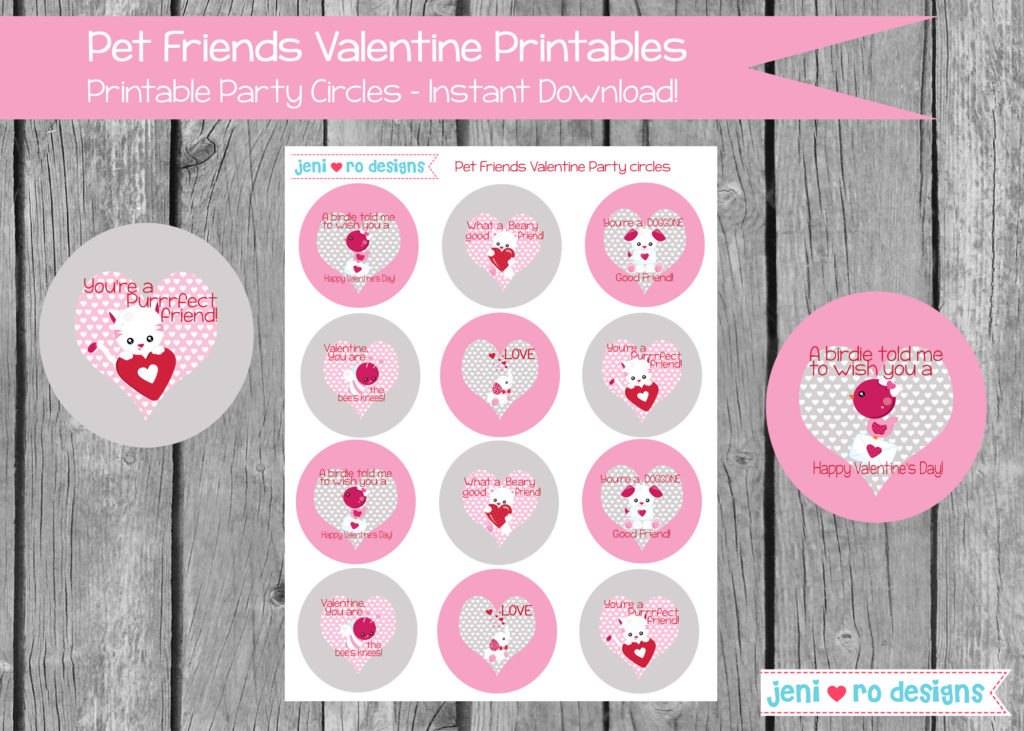 Valentine's party printables party circles featuring hearts and animals with funny Valentines puns.