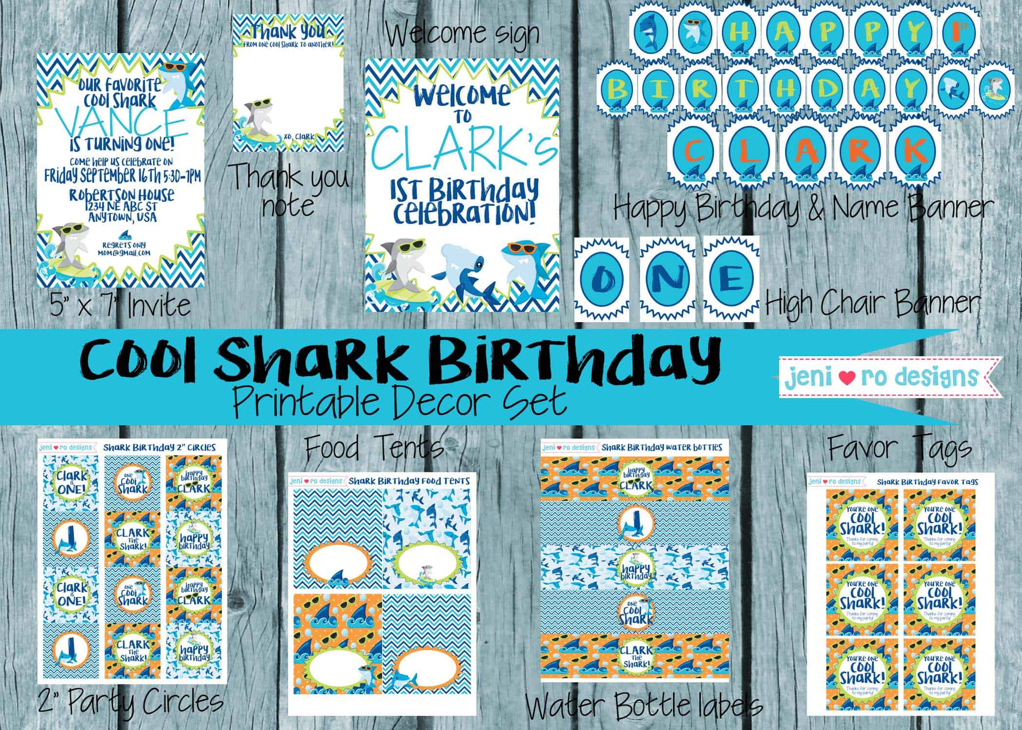 Cool Shark Birthday Party Printable Set, Shark birthday, Surfer shark, 1st  birthday, Shark birthday party decor