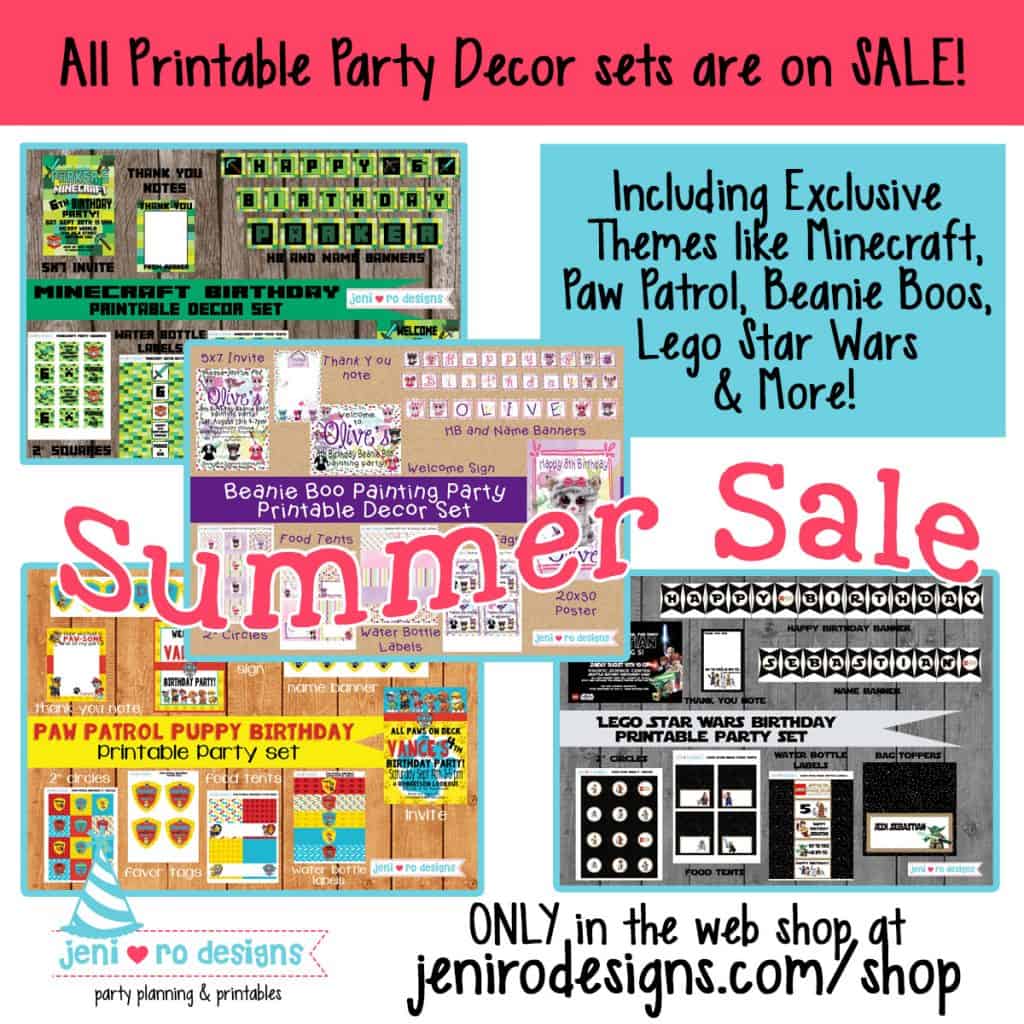 Exclusive Printabel Party decor sets like Minecraft, Paw Patrol and Beanie Boos availabe in the web shop!