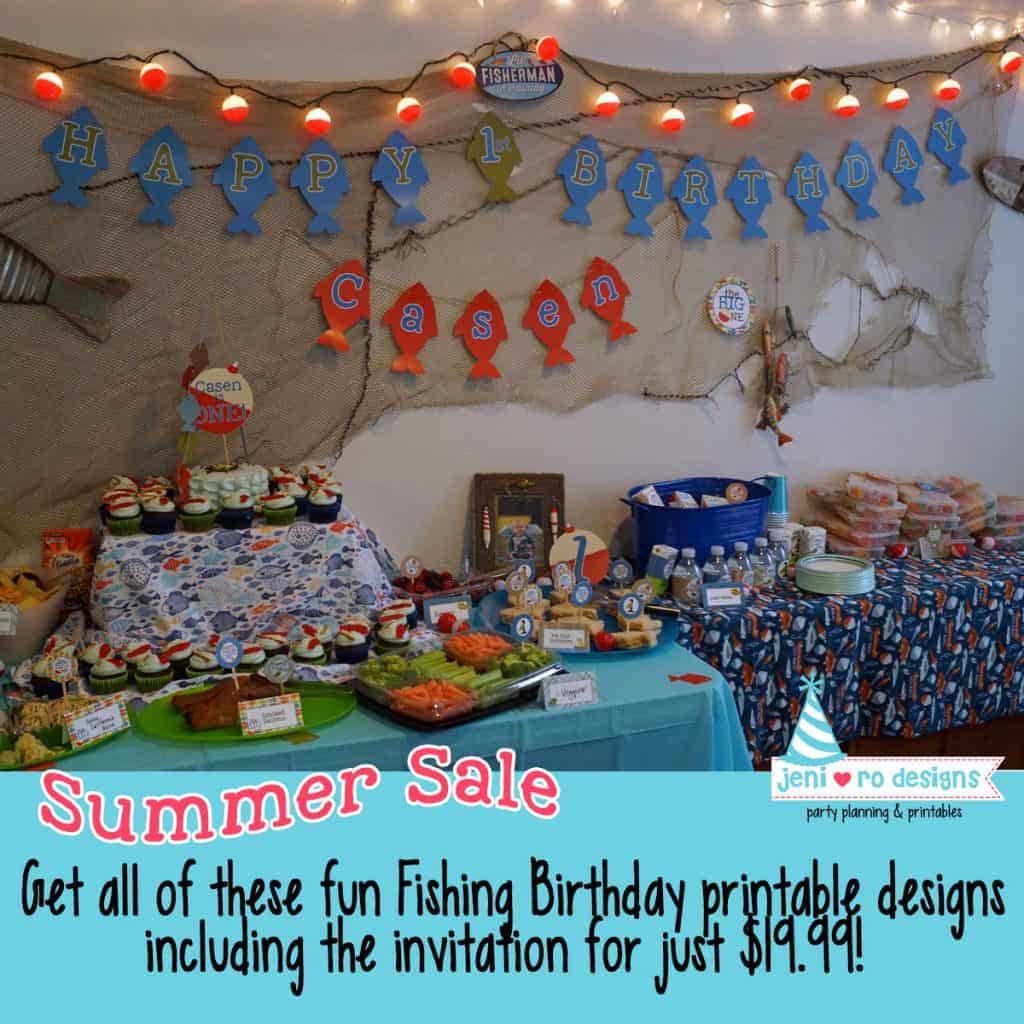 Get the full Printable party decor set for this fun fishing 1st birthday party on Sale!!