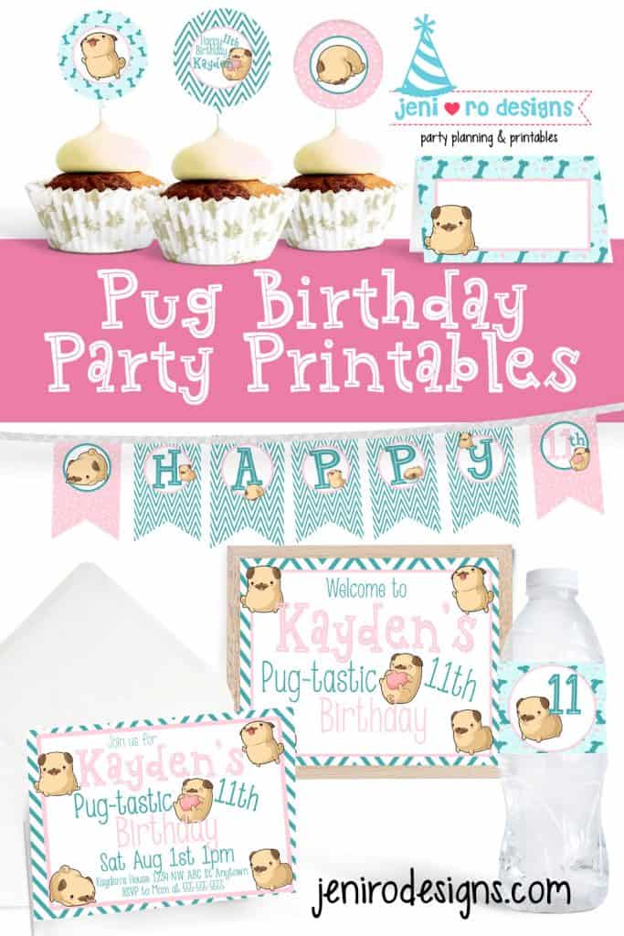 printable birthday set pug theme