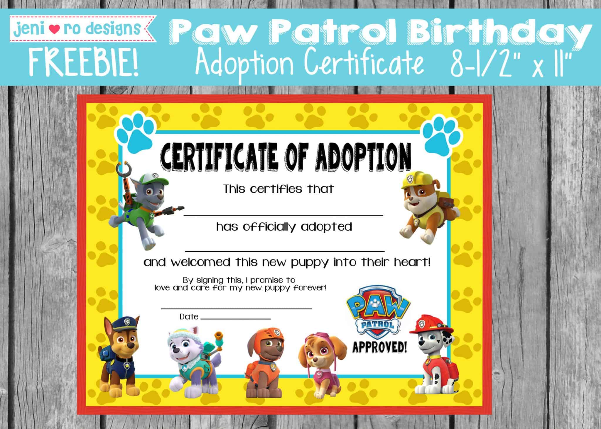 Paw Patrol Puppy Adoption Certificate Free Printable