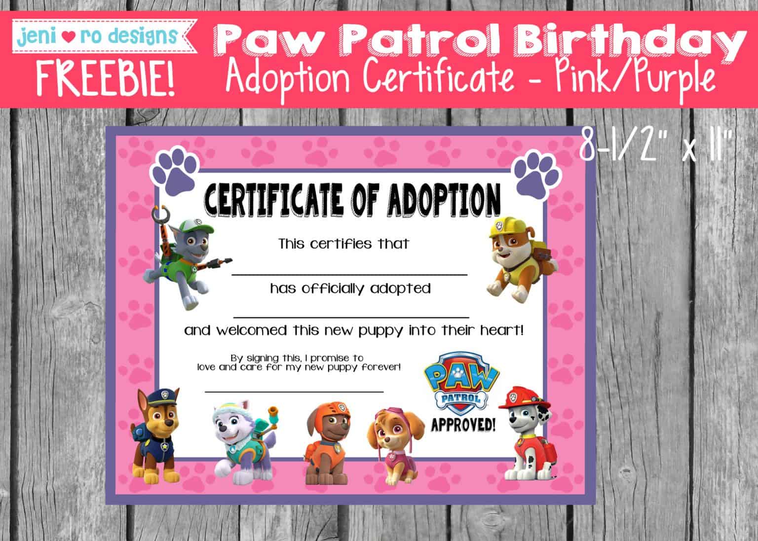 Paw Patrol Adoption certificate, a free printable for your party favors!