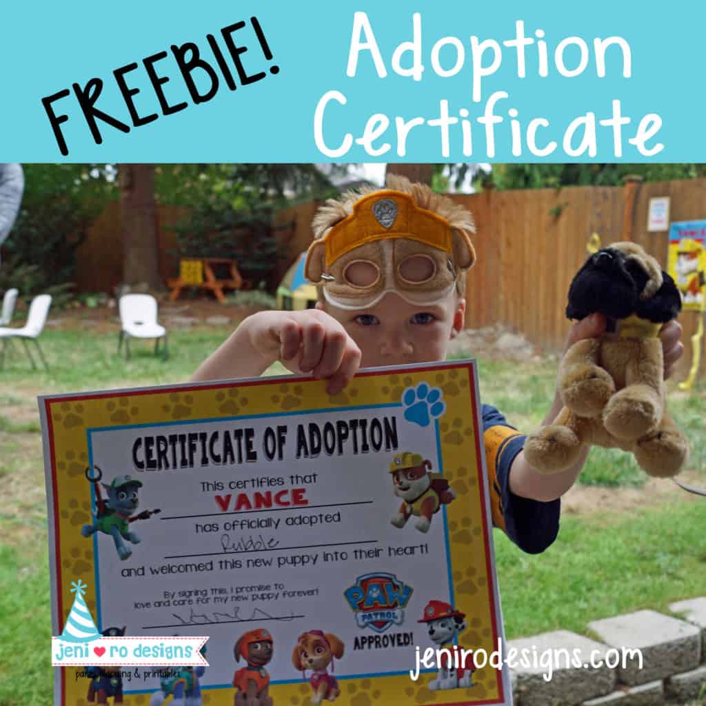 paw patrol adoption certificate