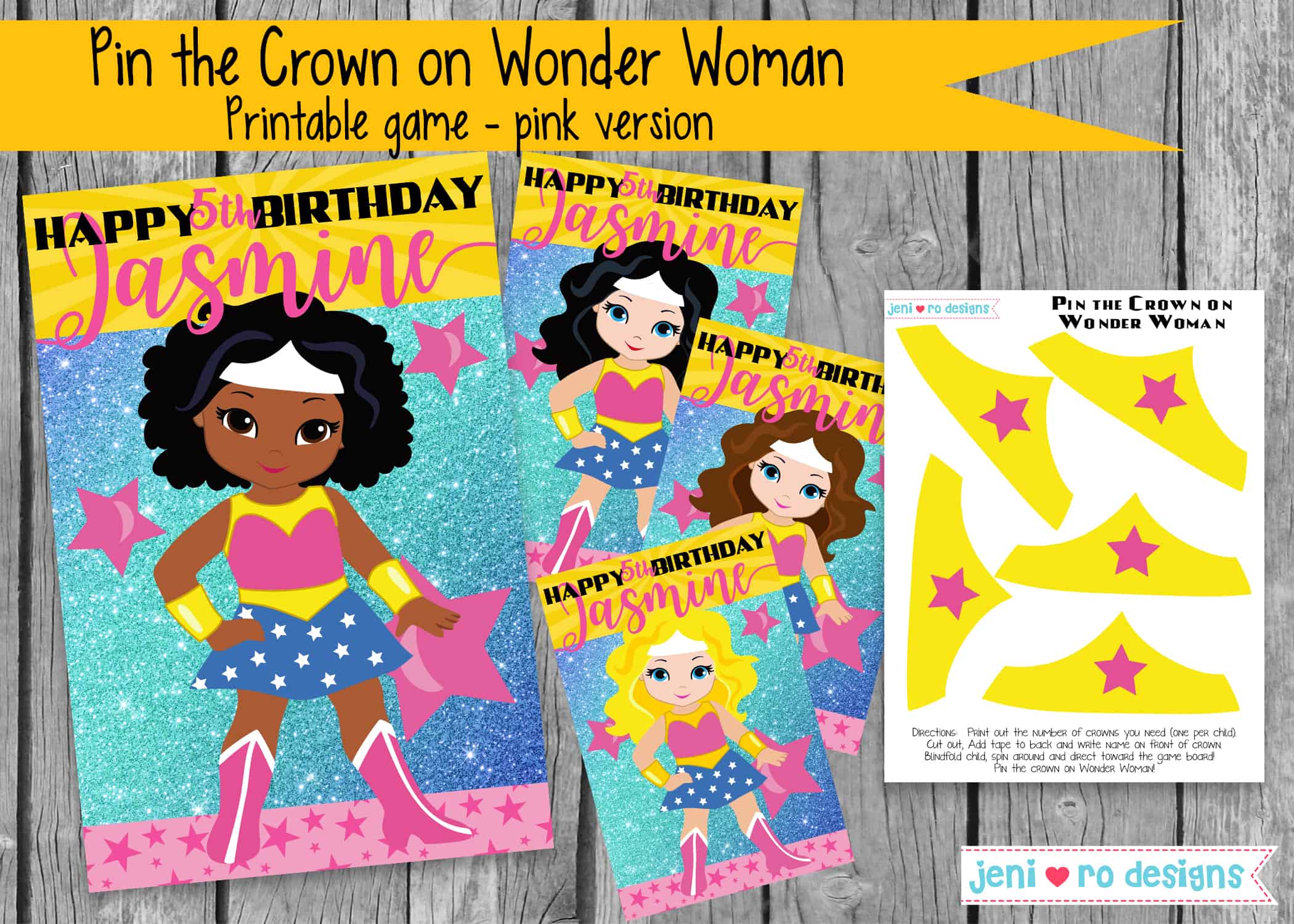 A game card of wonder woman with decorated borders and icons, in