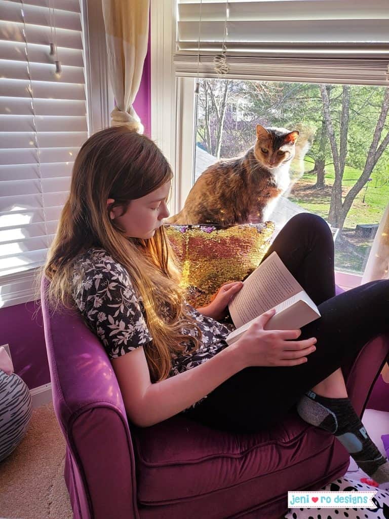 cat themed birthday - girl reading with cat - jeni ro designs