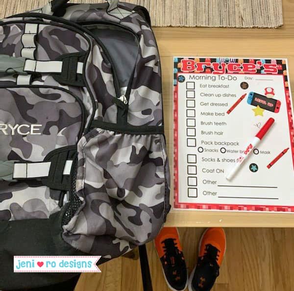 custom printables for the morning routine.  Printable with dry erase pen and backpack