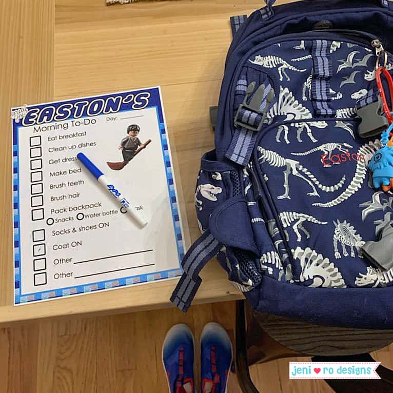 custom printables for the morning routine.  Printable with dry erase pen and backpack