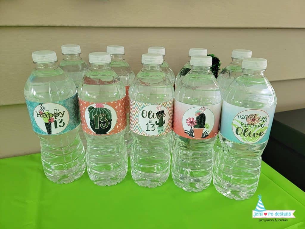 cactus birthday water bottles